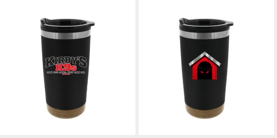 Two views of the same Kirby’s K9s 20 oz tumbler showing both printed sides