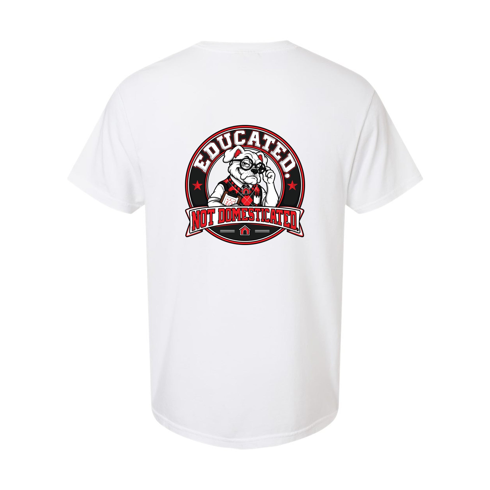 The Professor — Educated, Not Domesticated Tee — white — back view